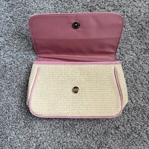 Lancome Makeup Bag Pink & Beige Straw Cosmetic Travel Tote with Button Closure